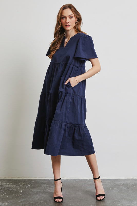 HEYSON Full Size Poplin Ruffled Tiered Midi Dress