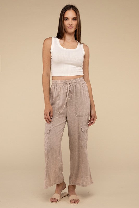 ZENANA Washed Linen Cargo Pants