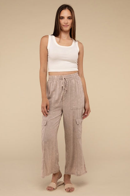 ZENANA Washed Linen Cargo Pants