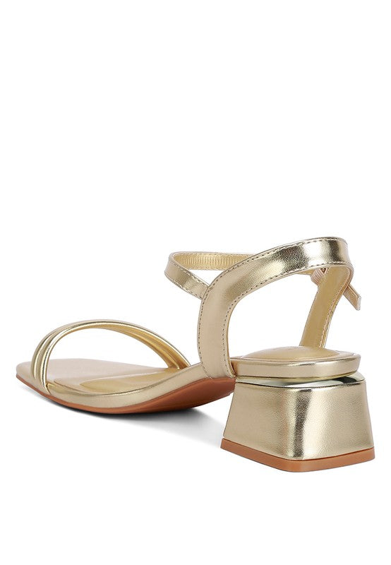 ZABOU Metallic Ankle Strap Low Block Heel Sandal