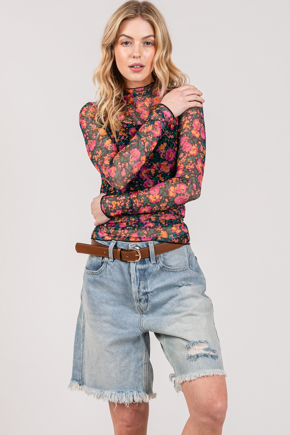 SAGE+FIG Floral Mesh Long Sleeve Top