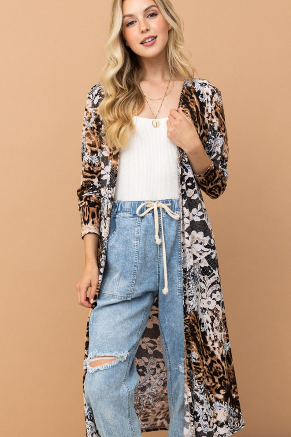 And The Why Leopard Floral Contrast Longline Kimono