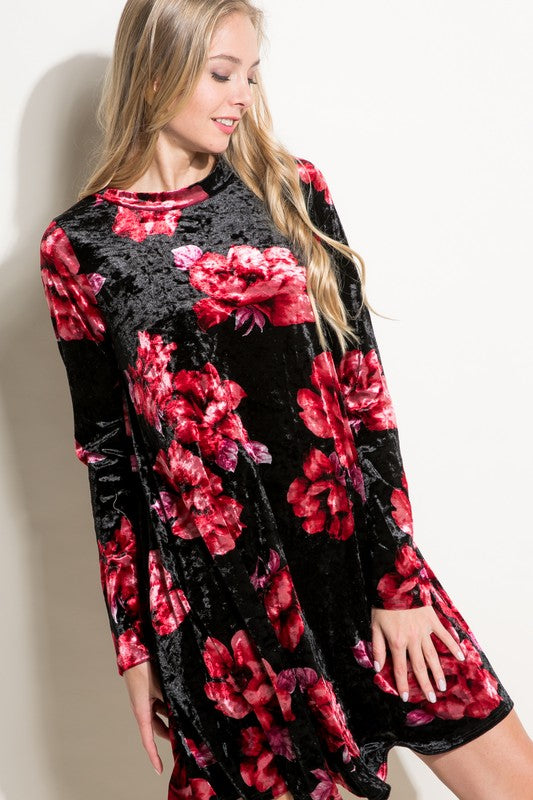 e Luna Floral Print Velvet Swing Dress