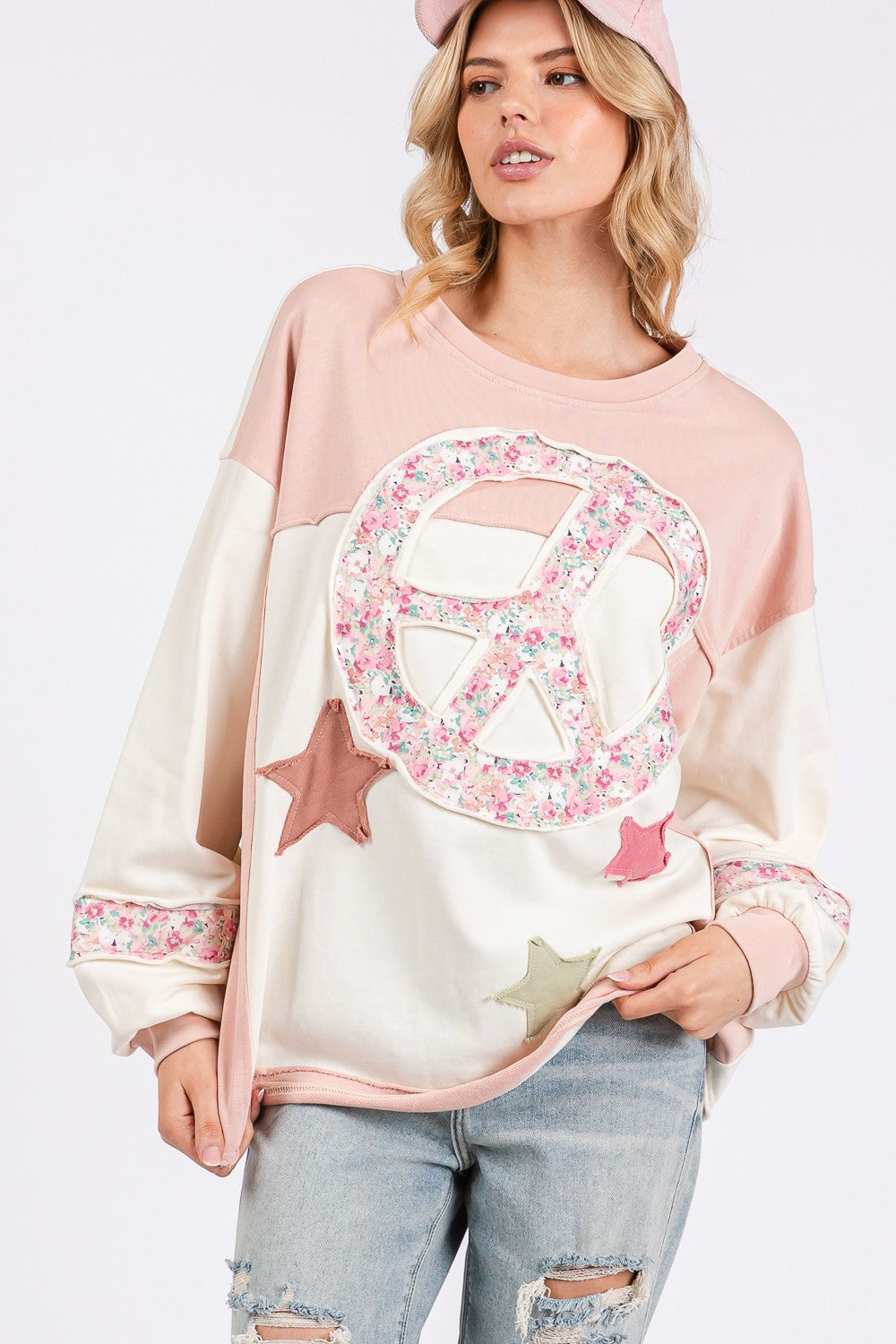 SAGE + FIG - Peace & Star Patch Contrast Round Neck Sweatshirt