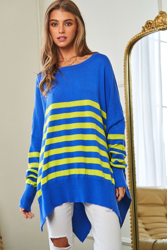 Davi & Dani Loose Fit Multi Striped Elbow Patch Sweater