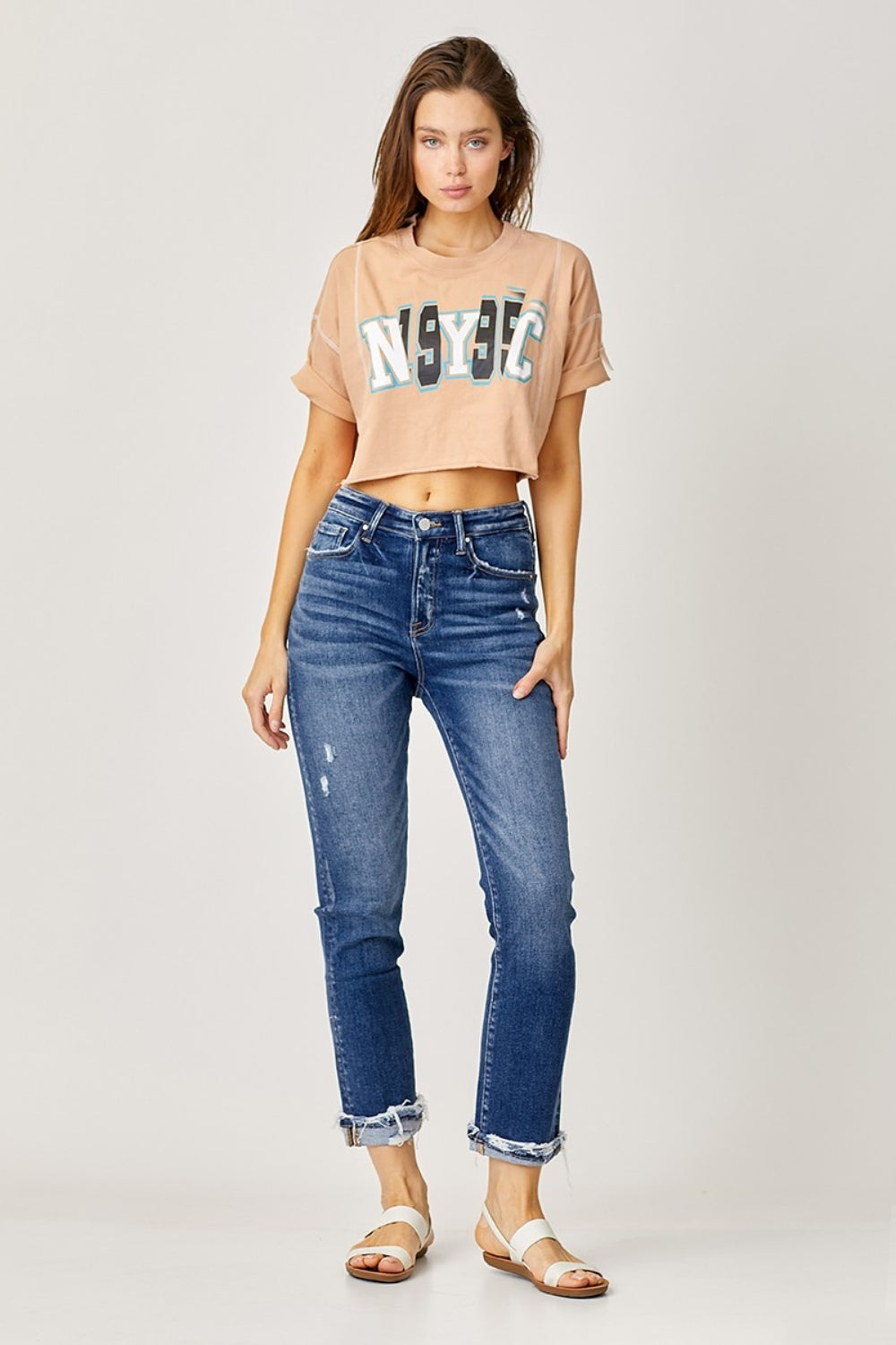 RISEN Full Size Frayed Cuffed Straight Jeans