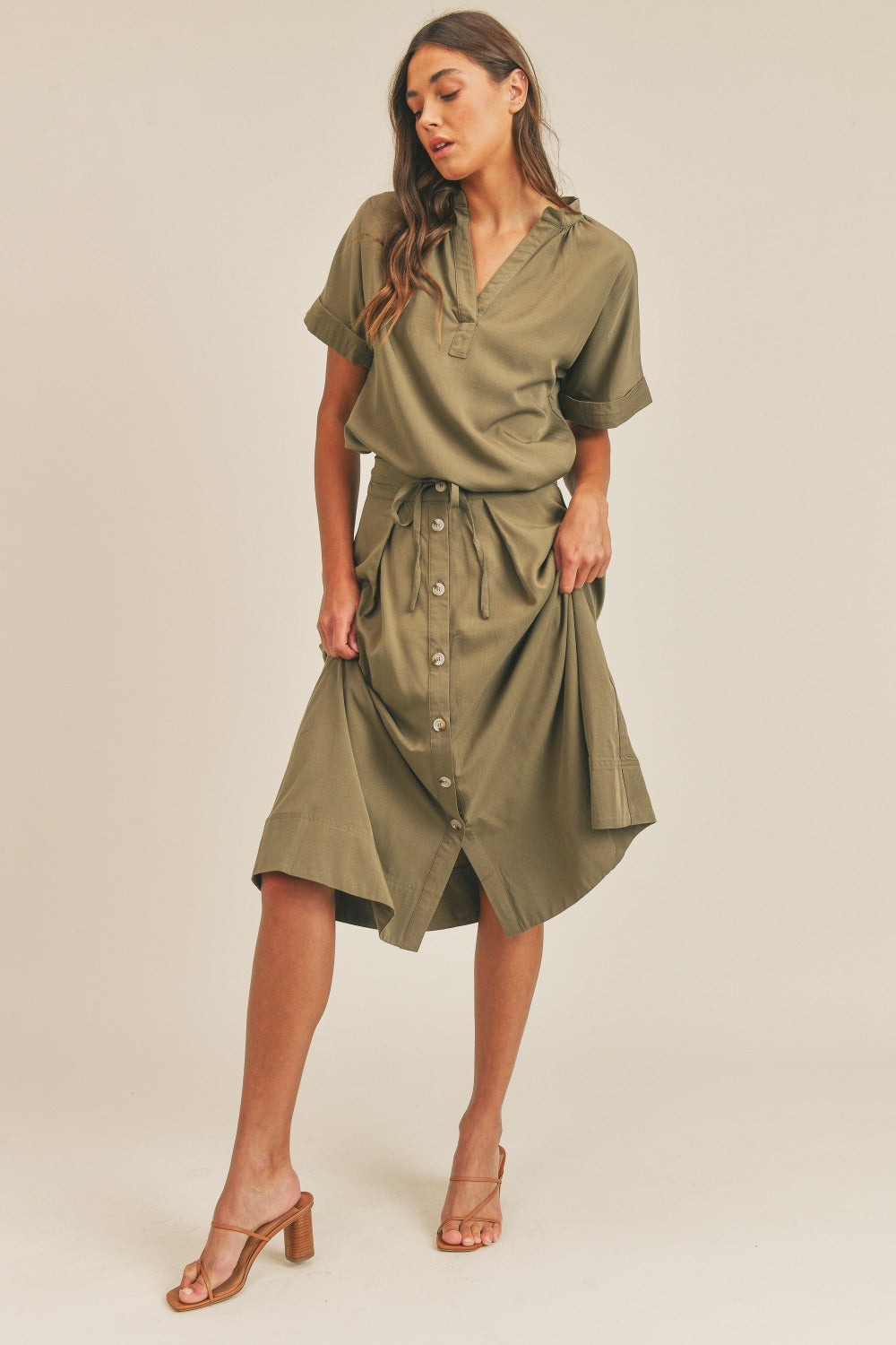 MABLE Cuffed Sleeve Top and Button-Down Midi Skirt Set