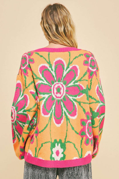 Davi & Dani - Floral Contrast V-Neck Dropped Shoulder Sweater