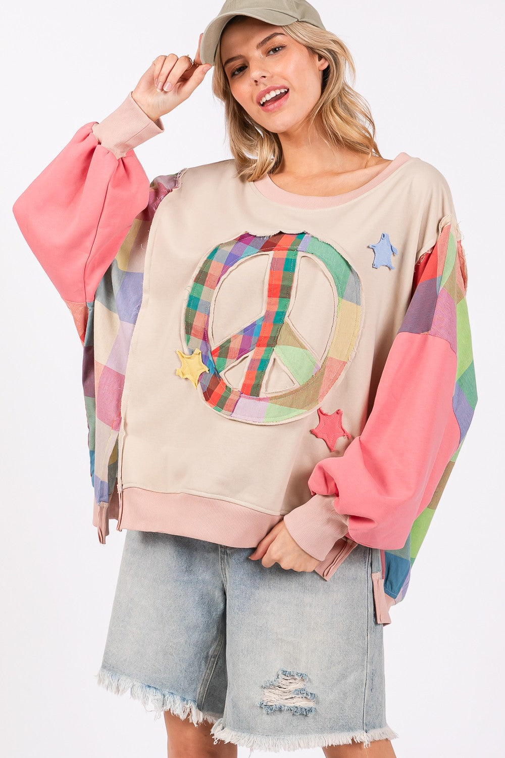 SAGE + FIG - Full Size Contrast Peace Patch Dropped Shoulder Sweatshirt