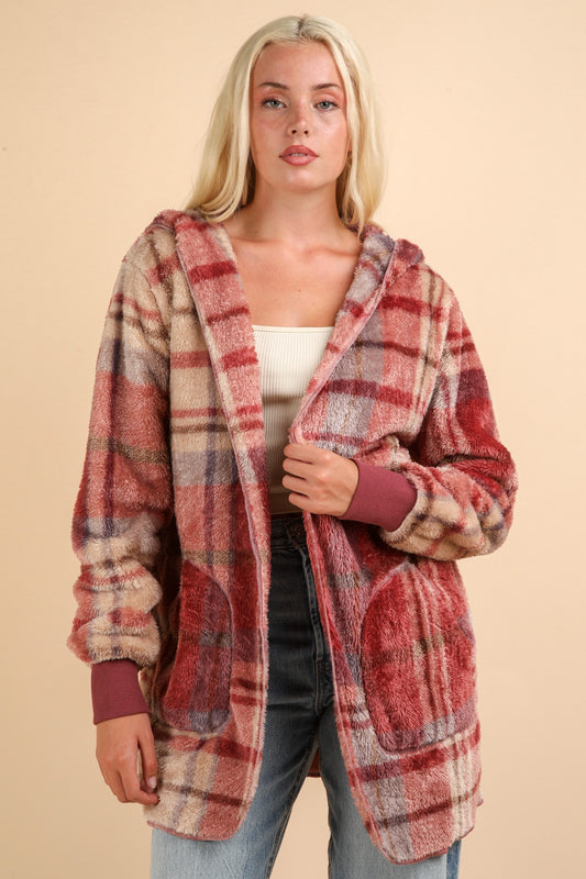 VERY J Fuzzy Plaid Lightweight Hooded Jacket