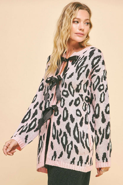 Davi & Dani - Leopard Ribbon Tie Front Loose Fit Cardigan