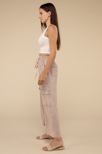 ZENANA Washed Linen Cargo Pants