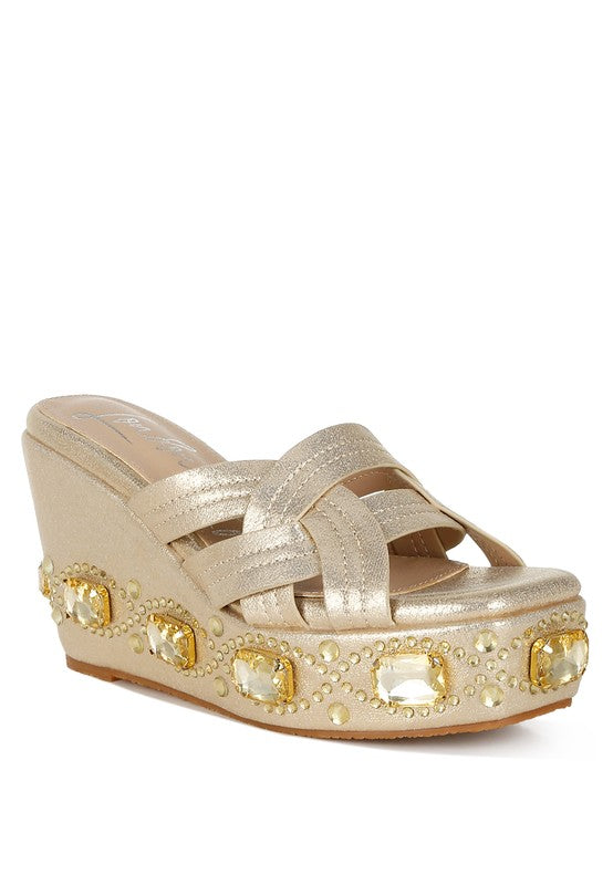 BLISTRONIC Chunky Diamante & Rhinestone Wedge Sandals