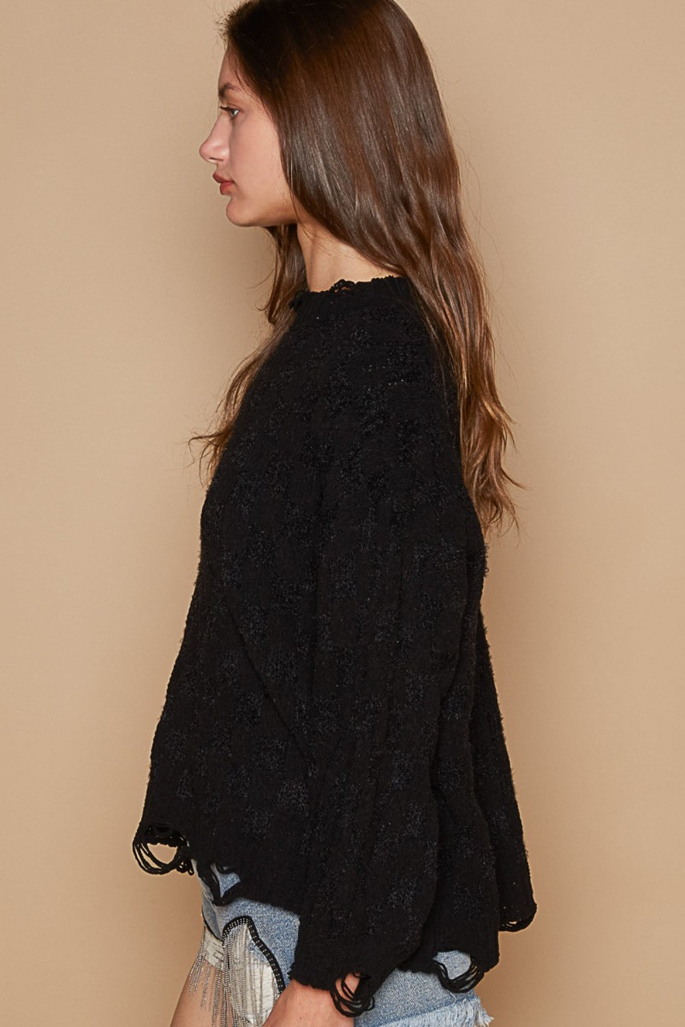 POL Distressed Edge Weaving Sweater