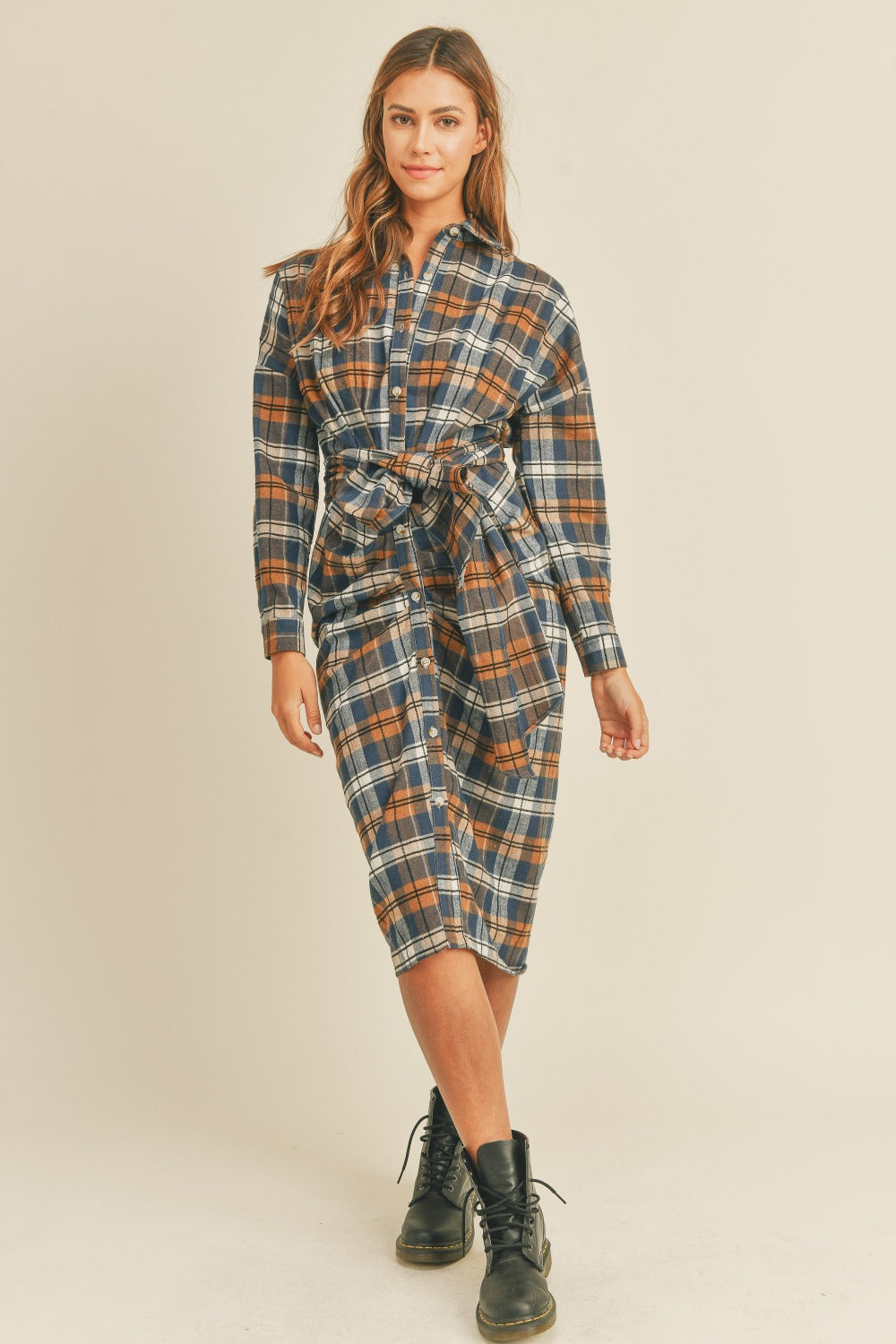 MABLE Plaid Flannel Front Tie Shirt Dress