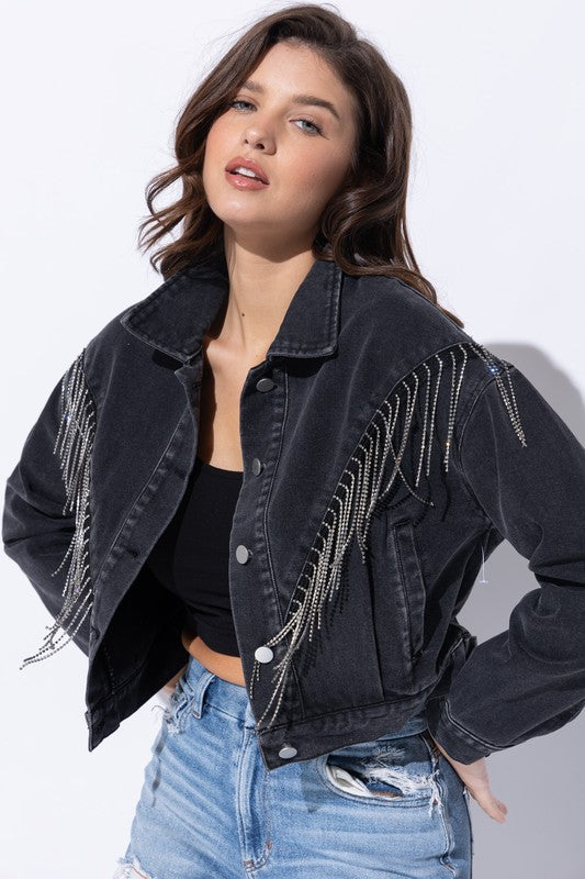 Sweet Generis Crop Denim Jacket with Rhinestone Fringe