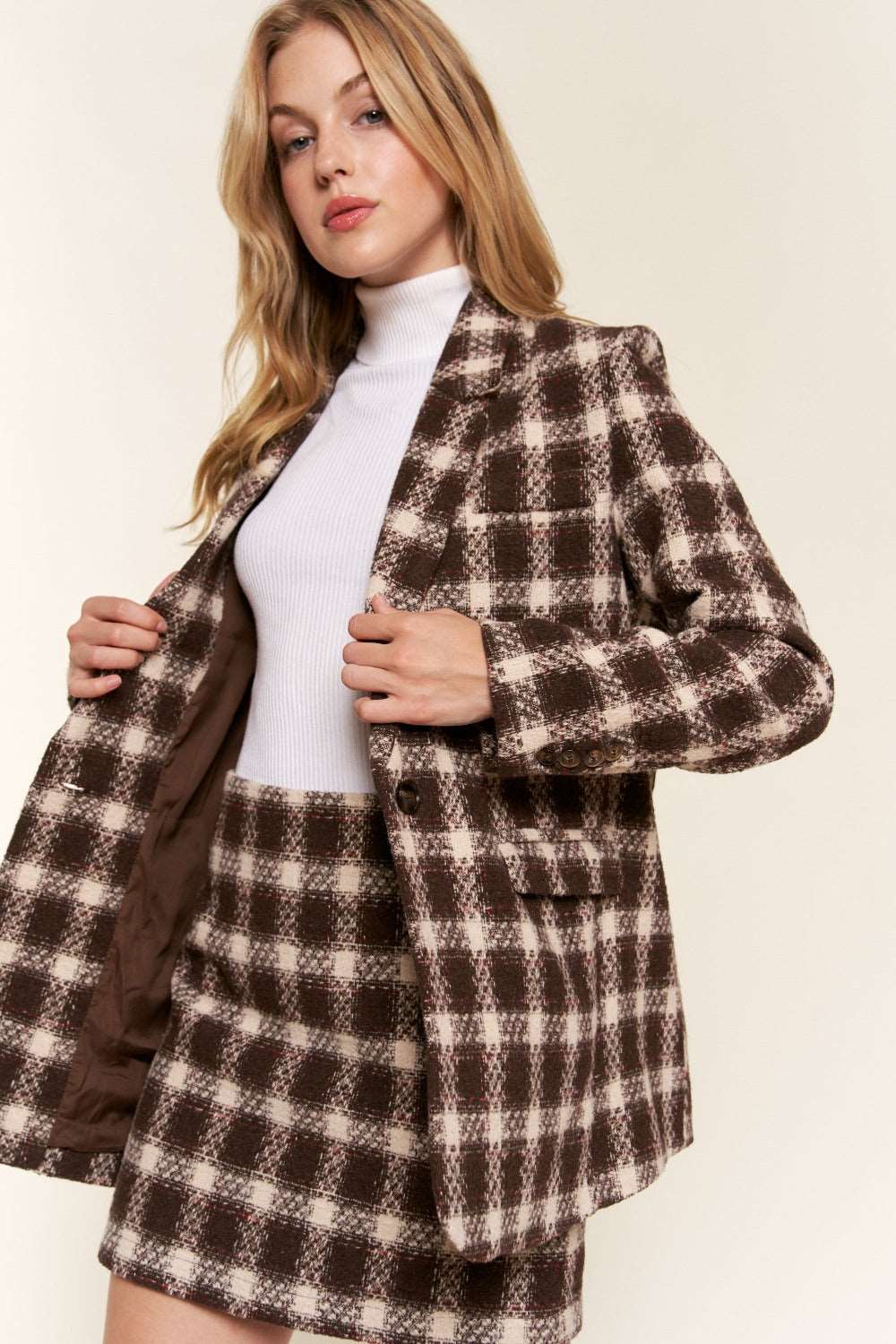 And The Why Full Size Plaid Brushed Blazer