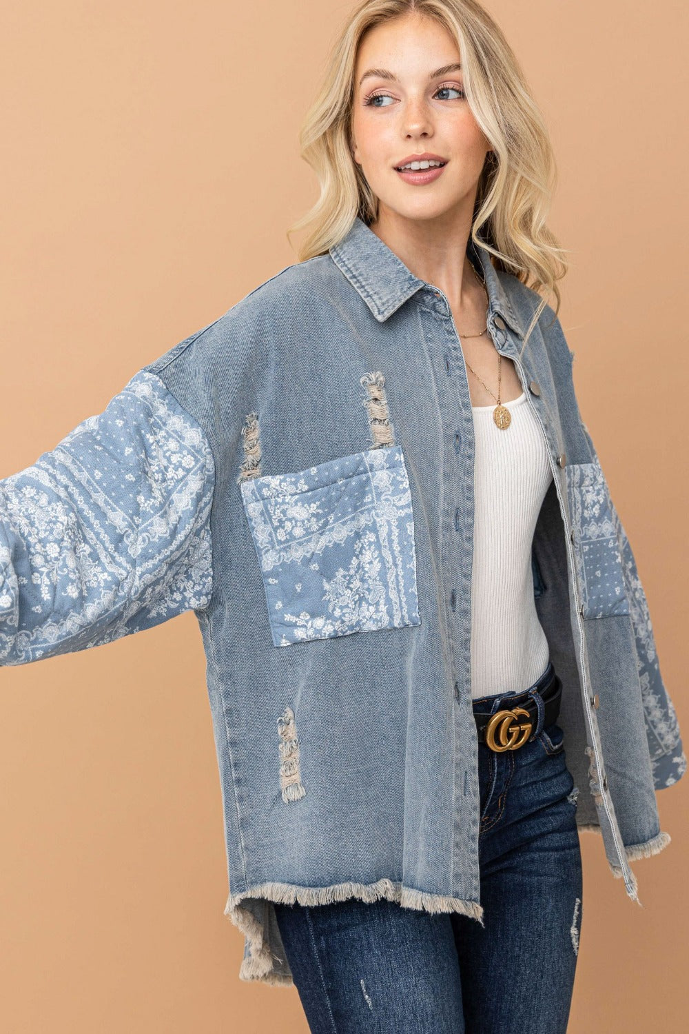 And The Why Full-Size Paisley Print Quilted Sleeve Denim Shacket