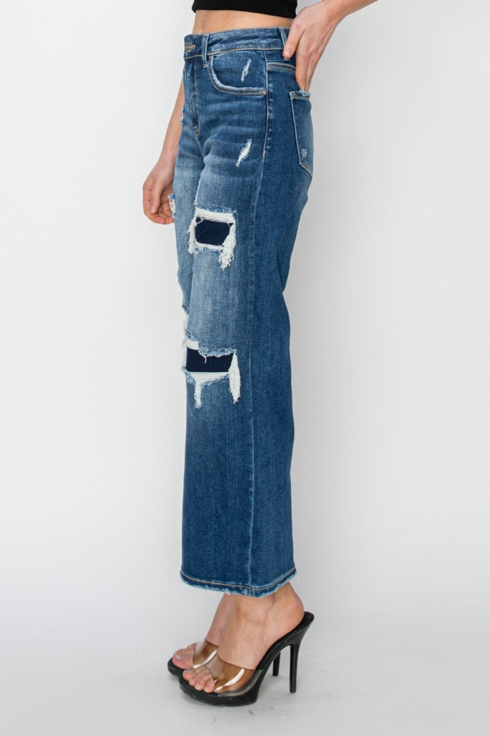 RISEN Full Size Patch Detailed Wide Leg Crop Jeans