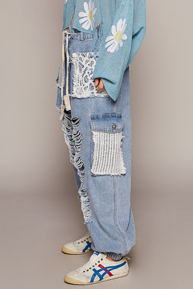 POL - Crochet Patch Distressed Washed Jeans