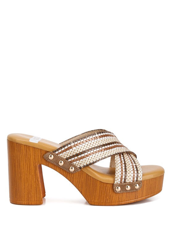 FINLEY Raffia High Block Heel Mules