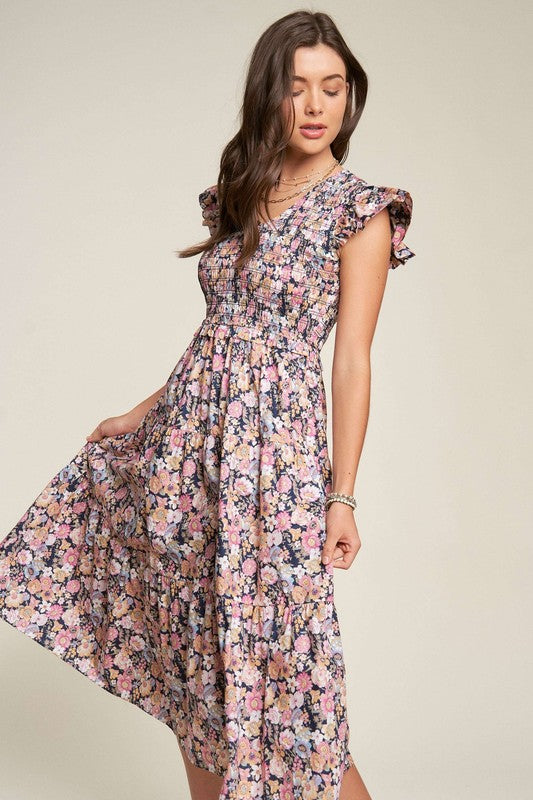 Davi & Dani Vintage Garden Floral Flutter Smocking Midi Dress