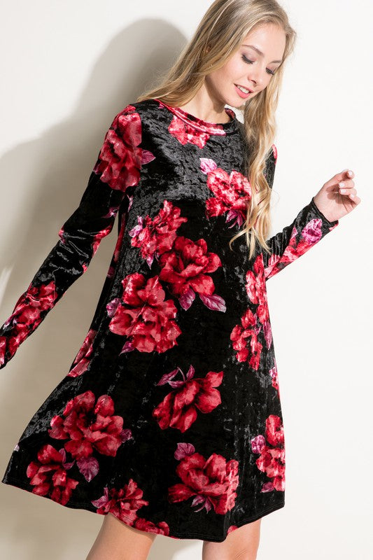 e Luna Floral Print Velvet Swing Dress