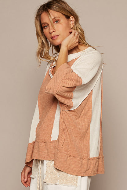 POL Notched Frayed Edge Contrast Top