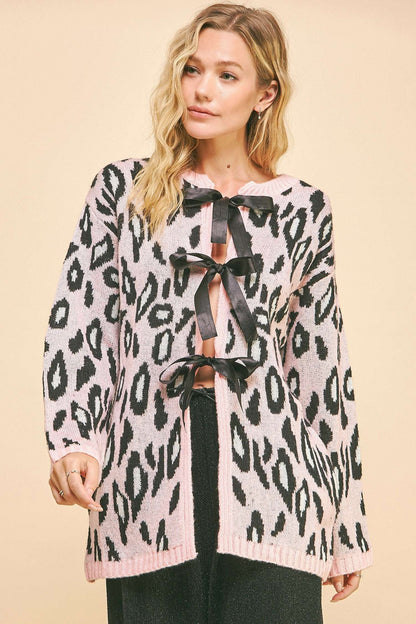 Davi & Dani - Leopard Ribbon Tie Front Loose Fit Cardigan