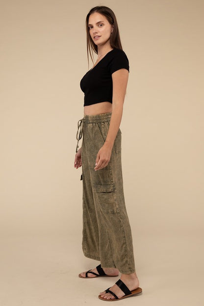 ZENANA Washed Linen Cargo Pants