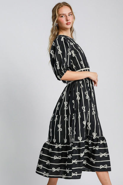 Umgee - Bow Tie Print Notched Contrast Velvet Trim Midi Dress