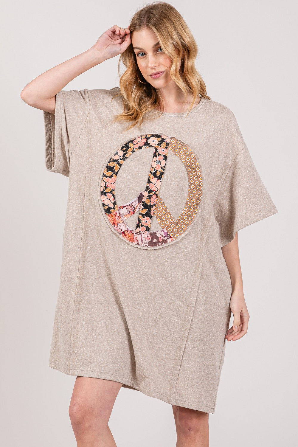 SAGE+FIG Full Size Peace Sign Applique Tee Dress