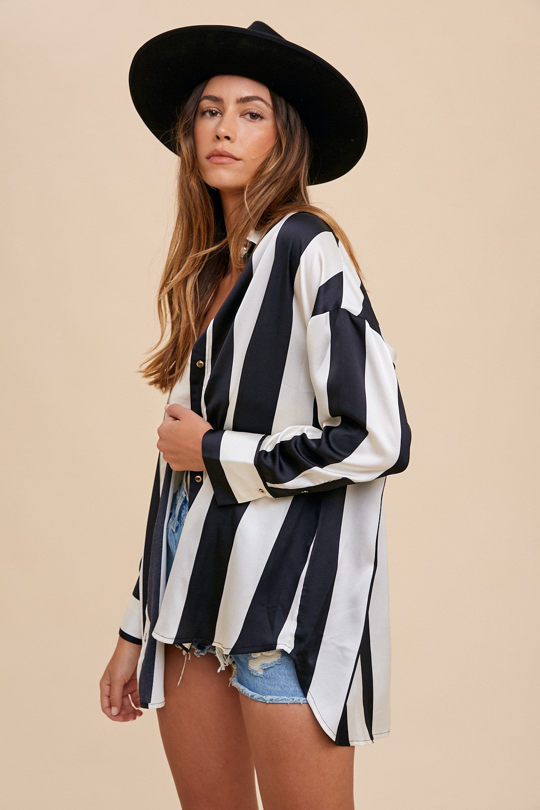 Annie Wear - Striped Dropped Shoulder Button Up Shirt