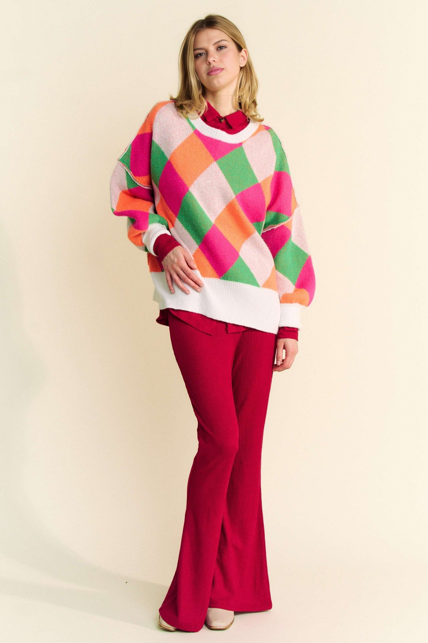 Davi & Dani - Exposed Seam Color Block Dropped Shoulder Sweater