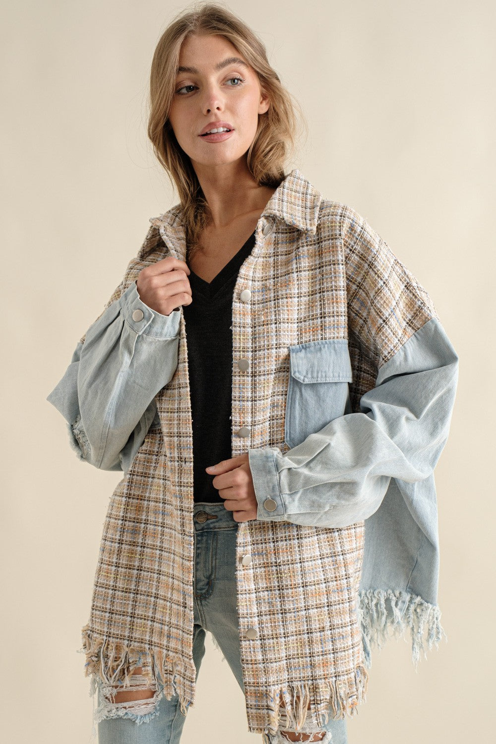 Sweet Generis - Tweed Mixed Denim Shacket with Fringed Hem