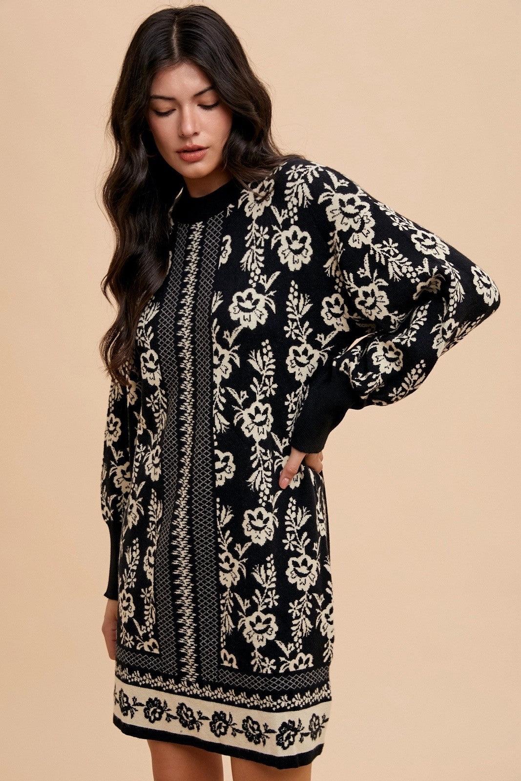 Annie Wear - Floral Jacquard Round Neck Sweater Dress