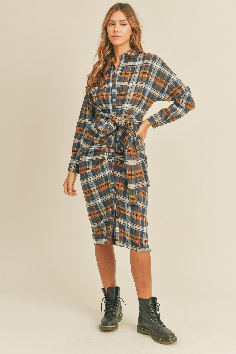 MABLE Plaid Flannel Front Tie Shirt Dress