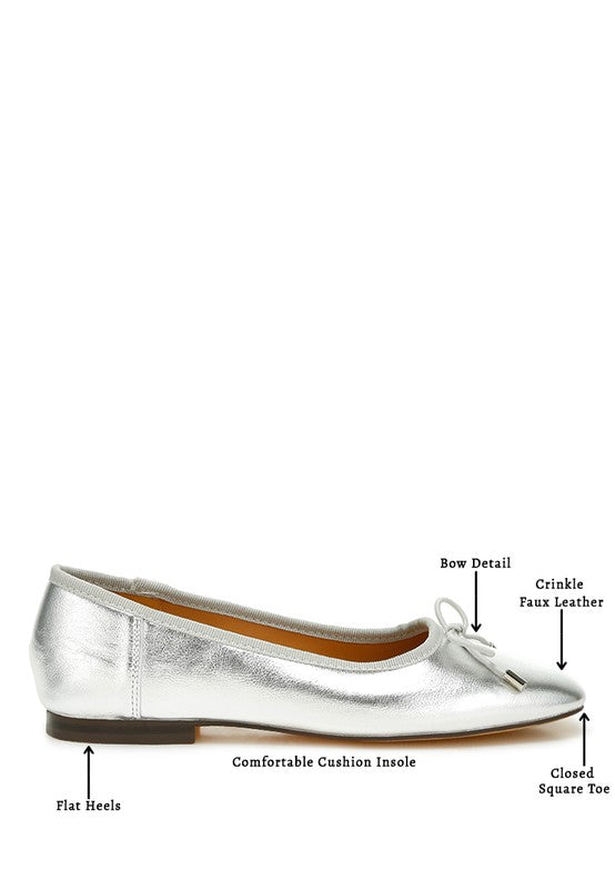 PRIMROSE Metallic Pleather Bow Ballerinas