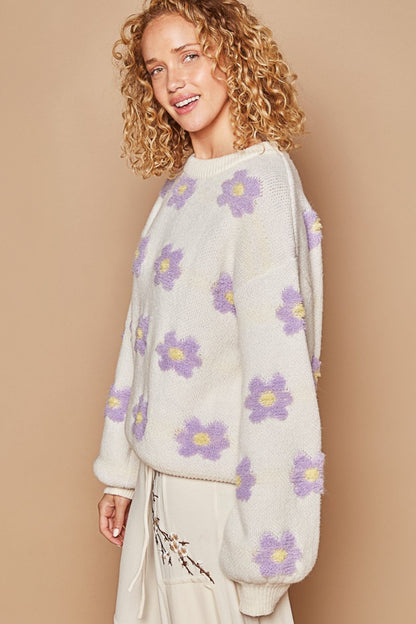 POL Daisy Pattern Drop Shoulder Sweater