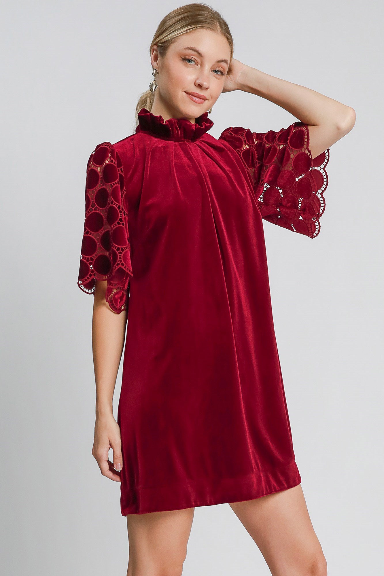 Umgee - Dotted Lace Half Sleeve Mock Neck Back Tie Velvet Dress