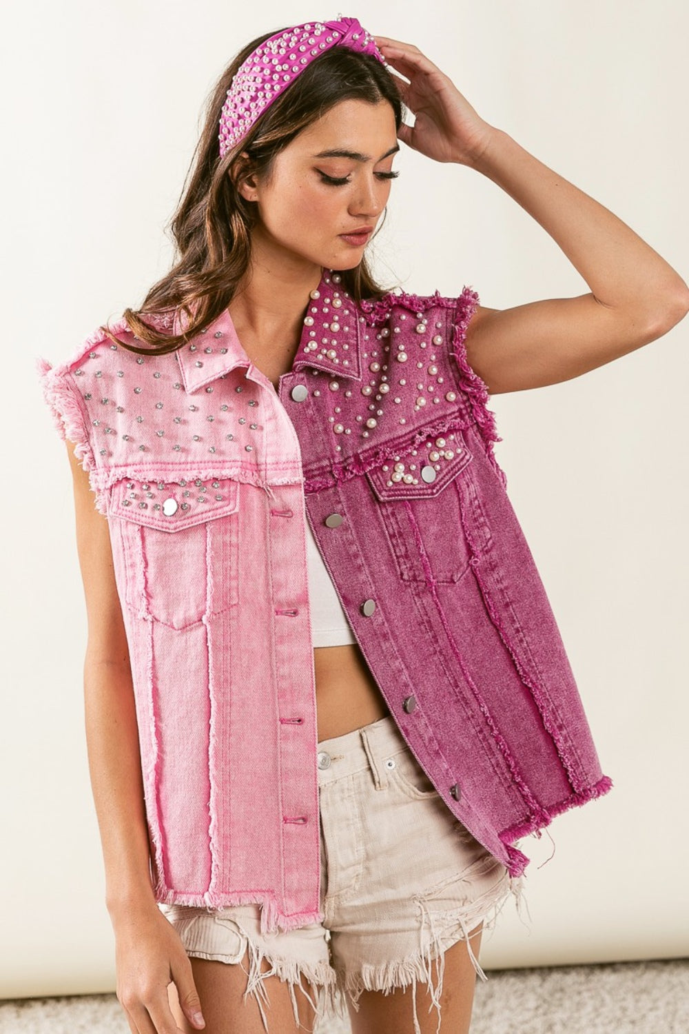 BiBi Pearl & Rhinestone Raw Hem Vest