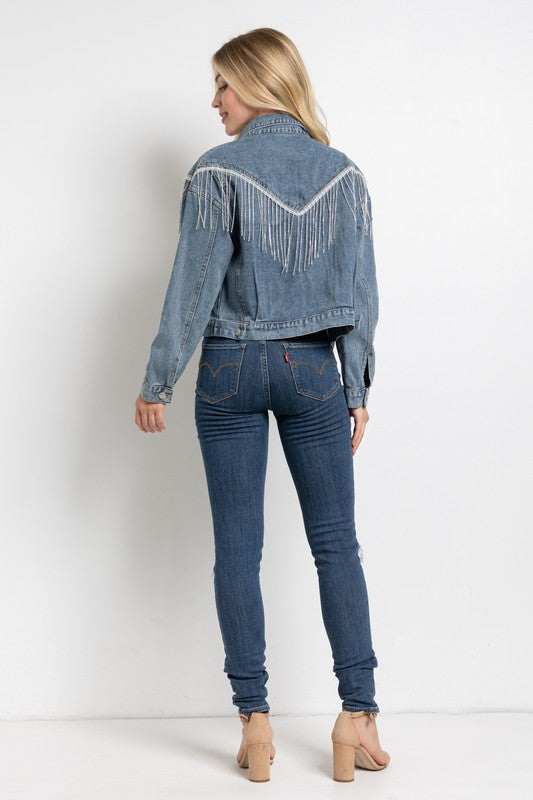 Sweet Generis Crop Denim Jacket with Rhinestone Fringe