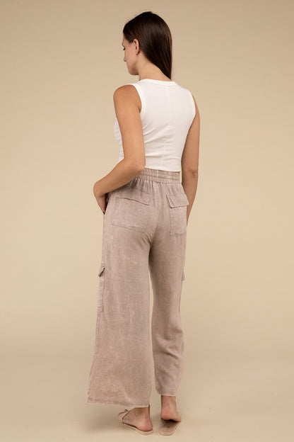 ZENANA Washed Linen Cargo Pants