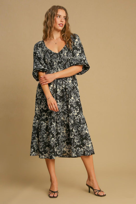 Umgee - Ruffle Hem Flower Printed V-Neck Dress