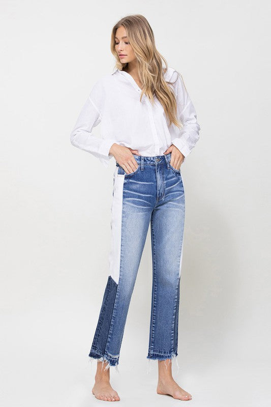 Super High Rise Straight Jeans w/Side Blocking Panel