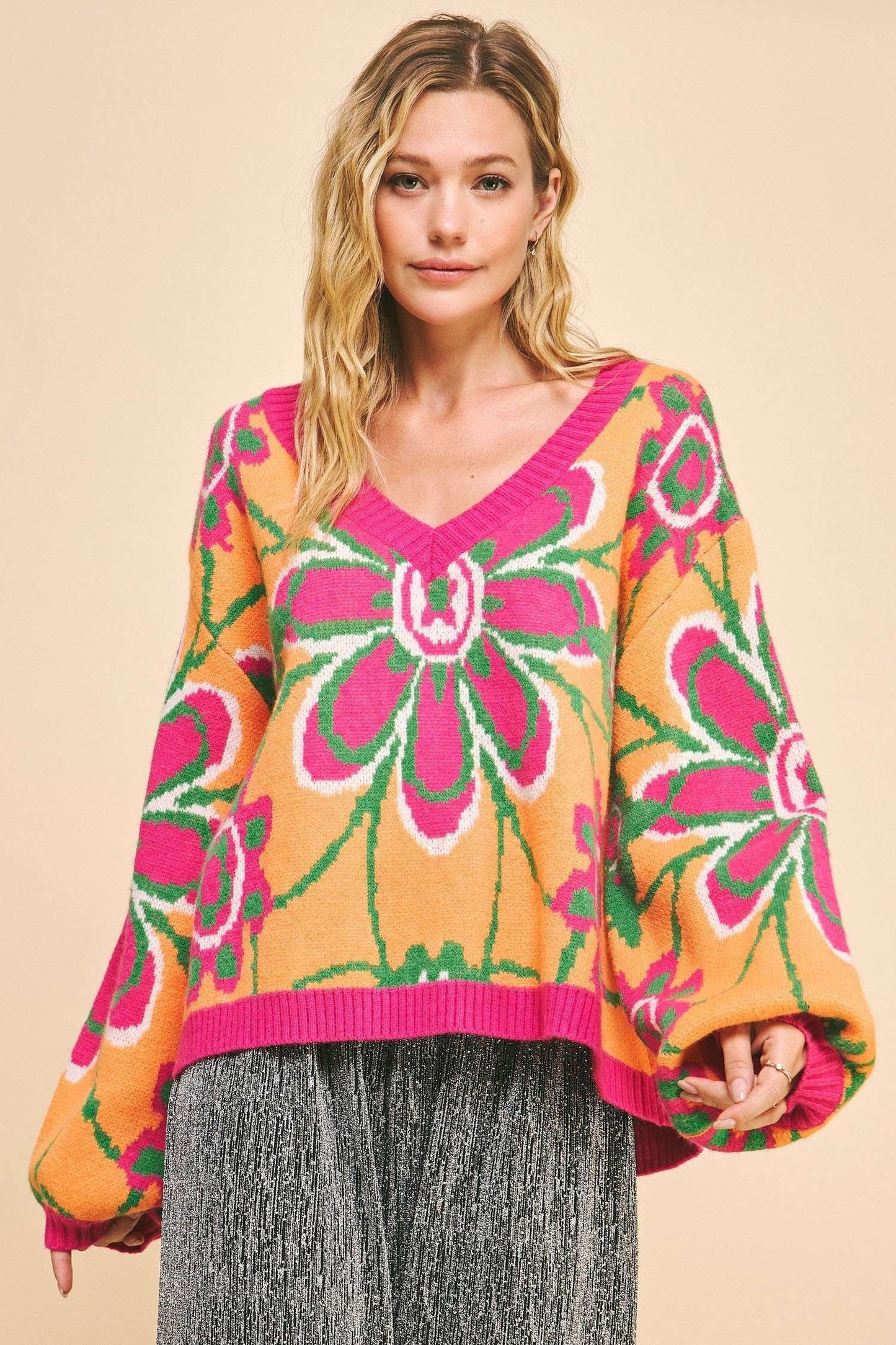 Davi & Dani - Floral Contrast V-Neck Dropped Shoulder Sweater