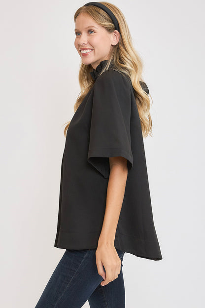 Umgee - Bow Tie Back Mock Neck Half Sleeve Blouse