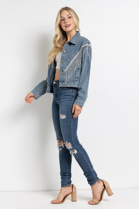 Sweet Generis Crop Denim Jacket with Rhinestone Fringe