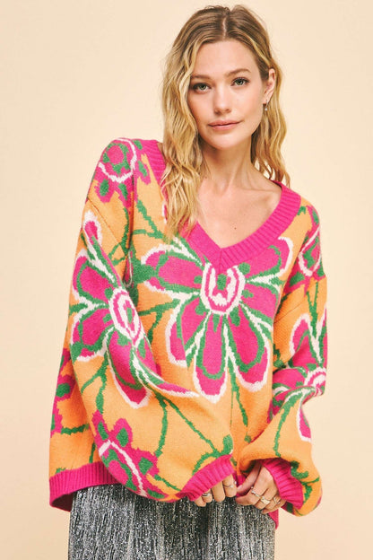 Davi & Dani - Floral Contrast V-Neck Dropped Shoulder Sweater