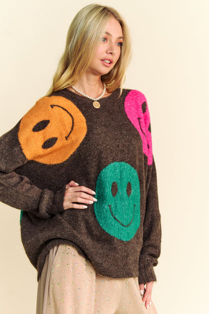 Davi & Dani - Contrast Smile Round Neck Oversize Sweater